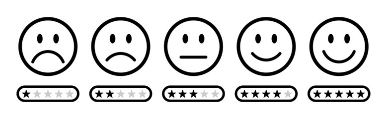 Feedback rating scale with five emoji faces from sad to happy and corresponding 1 to 5 star ratings below. Perfect for surveys, reviews, customer satisfaction. Rating emoji, feedback emoji, icons.