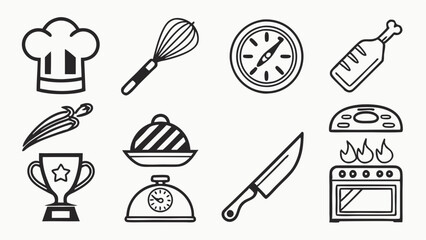 Black White Outline Cooking Kitchen Culinary Icons Chef Hat Whisk Knife Stove Scale Trophy Set