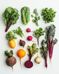 different types of vegetables as beetroot, radish, tomato, greens and others on white background  healthy diet. Raw and organic, ideal for cooking
