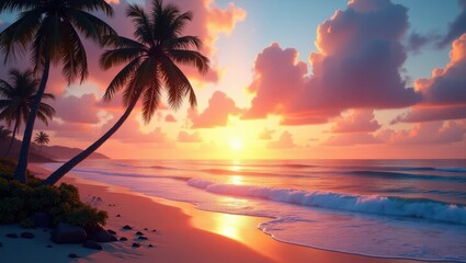 tropical beach at sunset with palm trees silhouetted against a vibrant colorful sky