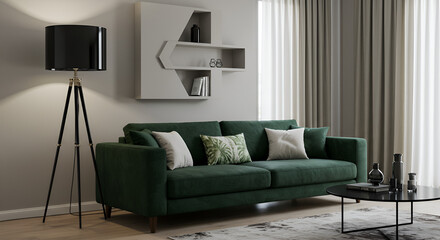 Elegant Green Velvet Sofa in Modern Living Room