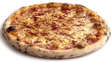 A delicious gourmet pizza with saffron and cheese topping is presented on a white background for food photography.