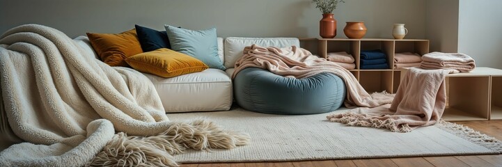 Generative AI, Cozy Modern Living Room with Plush Throws and Pillows