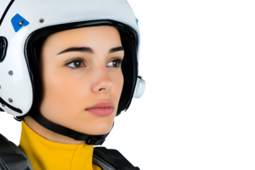 Pilot with helmet looking towards copy space, cut out transparent