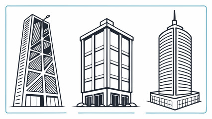Obraz premium Three Modern City Buildings and Skyscrapers Black and White Line Art Illustration Set