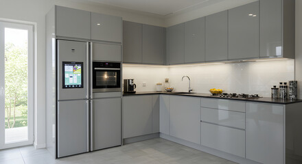 Modern Kitchen Interior With Smart Refrigerator And Sleek Gray Cabinetry