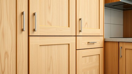 Light wood kitchen cabinets with sleek silver handles showcase modern minimalist design in a contemporary home kitchen setting.