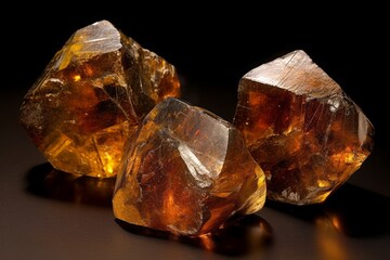 Three Baltic amber pieces isolated on dark background. 