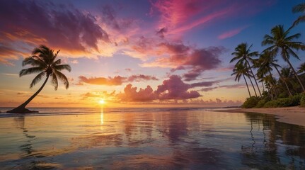 tropical beach at sunset with palm trees silhouetted against a vibrant colorful sky