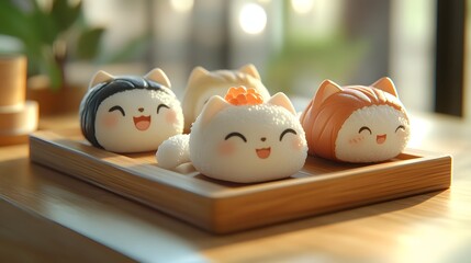 Obraz premium Kawaii sushi-shaped cats with rice bodies and fish toppings resting on a wooden tray in soft and playful lighting
