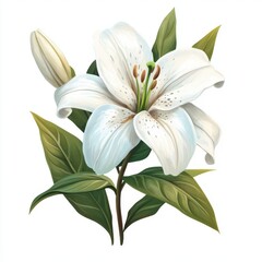 Fototapeta premium White lily with leaves, isolate on white background.