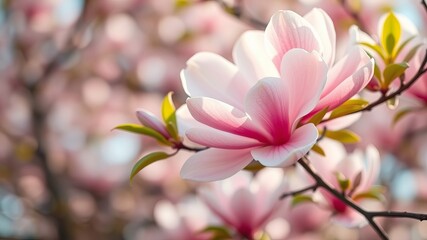 A stunning close-up reveals delicate pink magnolia blossoms in full bloom on a sunny sp day showcasing their beauty and vibrant colors.