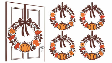 Vector Illustration of Autumn Fall Wreath with Pumpkin Leaves Bow for Door Decor