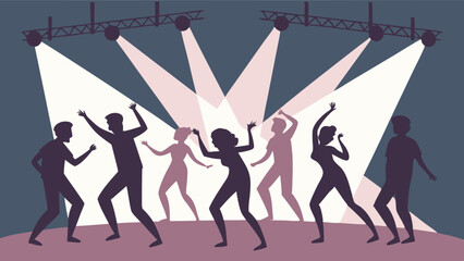 Vibrant Flat Illustration Silhouettes of Happy Diverse People Dancing on Stage Under Bright Spotlights at a Fun Music Party Event