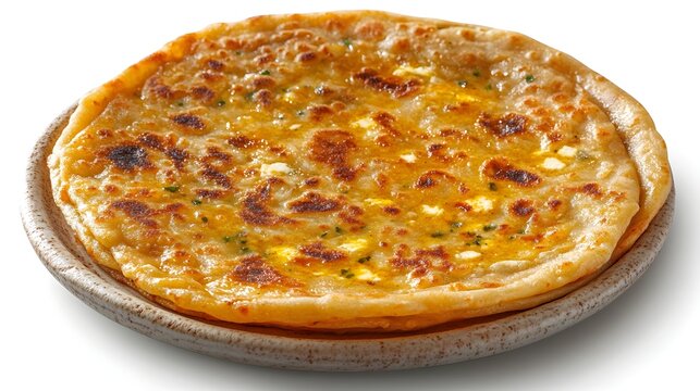 A delicious and golden-brown paratha flatbread sits on a rustic wooden plate against a bright white background.