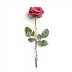 Fototapeta premium Red rose with leaves, isolate on white background.