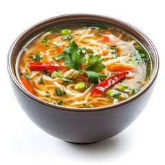 A delicious and healthy vegetable noodle soup is served in a rustic brown bowl on a white background.