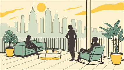 Sunny Afternoon Retro Illustration Rooftop Terrace Party With NYC Skyline View