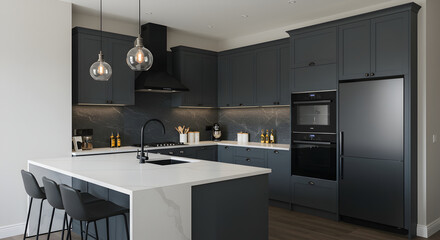 Elegant Modern Kitchen Design With Dark Cabinets And Quartz Countertops