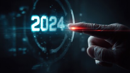 A finger interacts with a digital sphere displaying 2024 futuristic technology concept New year future innovation