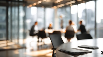 Blurred Business Meeting in Modern Office Sunlight Through Windows Documents on Table