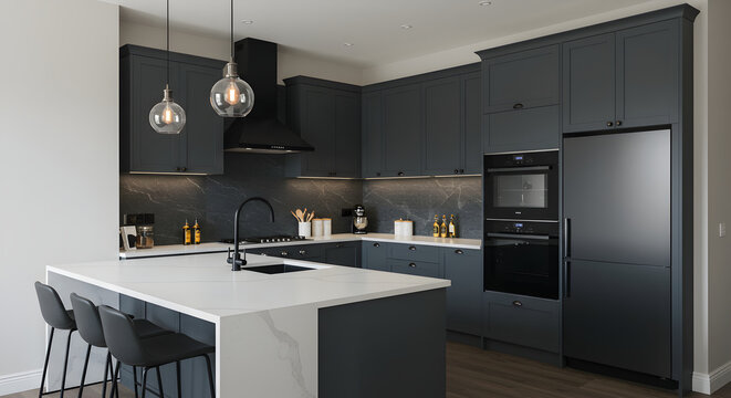 Elegant Modern Kitchen Design With Dark Cabinets And Quartz Countertops