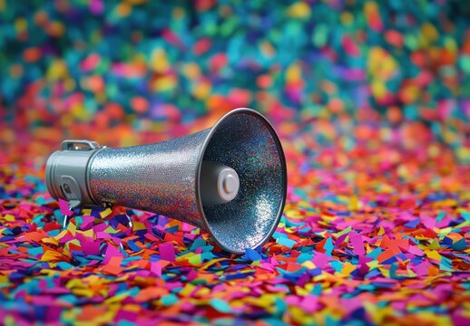 Sparkling Megaphone Surrounded by Colorful Confetti Celebrating an Exciting Event or Announcement