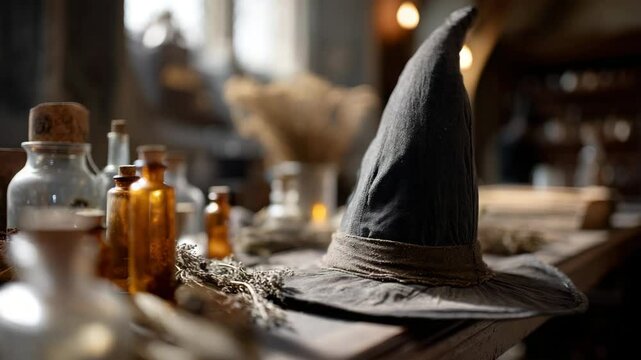 An atmospheric scene featuring a worn witch hat atop a wooden table surrounded by vintage potion bottles, evoking a sense of magic and enchantment in a mystical setting.