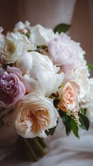 Obraz premium Close-up of a fresh wedding bouquet with pastel peonies and roses, petals slightly dewy