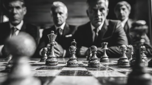 Strategic Business Meeting Executives Analyze Chess Game Planning Future Success