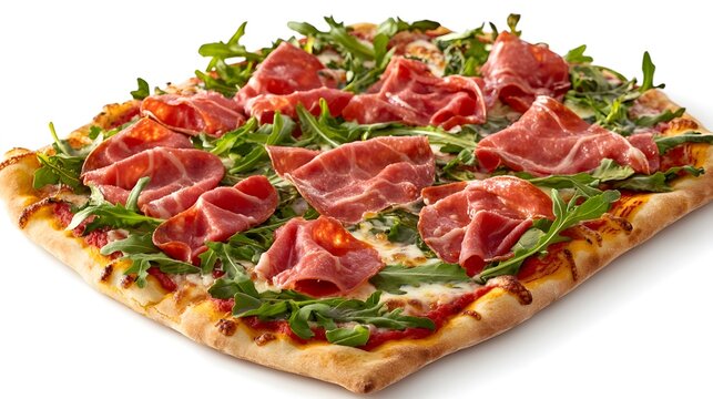 Delicious rectangular pizza topped with prosciutto, arugula, and melted mozzarella cheese on a white background.