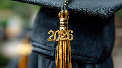 Close-up of a graduation cap tassel swaying in the breeze, with golden year "2026" number in sharp focus