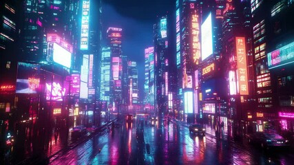 Neon cityscape with neon signs and bright lights. Scene is energetic and vibrant - Powered by Adobe