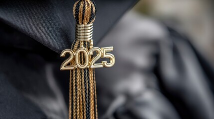 Close-up of a graduation cap tassel swaying in the breeze, with golden year "2025" number in sharp focus