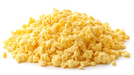 A close-up shot of a pile of finely chopped scrambled eggs isolated on a pure white background ready for culinary use.