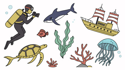 Underwater Scene Flat Illustration Diver Shark Turtle Jellyfish Shipwreck Coral Fish Plants