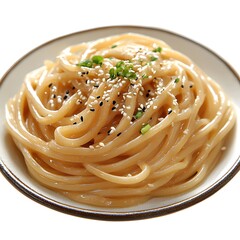 A delicious plate of creamy sesame noodles is topped with fresh green onions and sesame seeds ready to be enjoyed.