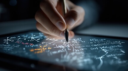 Close up Hand Writing Complex Mathematical Equations on Digital Tablet Screen Education Technology Concept