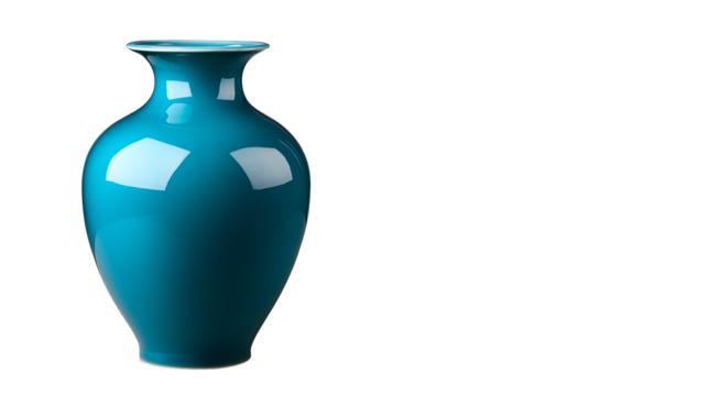 Elegant turquoise vase with curved shape on dark background, cut out transparent