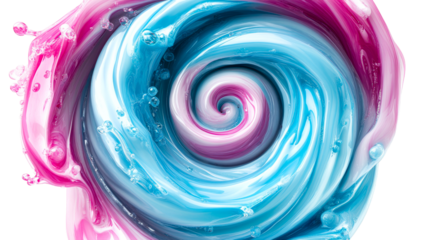 Swirling aqua and pink fluid texture with bubbles, cut out transparent