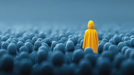 Obraz premium A Lone Figure in Yellow Stands Out Among a Crowd of Blue Hooded Individuals