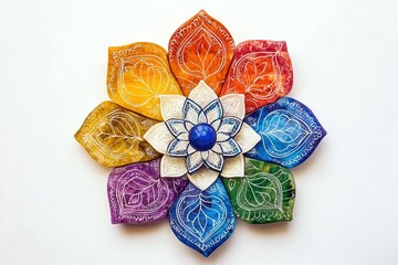 colorful mandala made of leaf-shaped paper pieces, petal painted in different colors and a blue center, white background, chakra pattern, spiritual and wellness themes, wall decoration or decor item