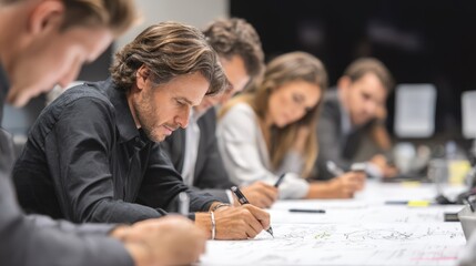 Focused team brainstorming innovative design solutions during a collaborative workshop session