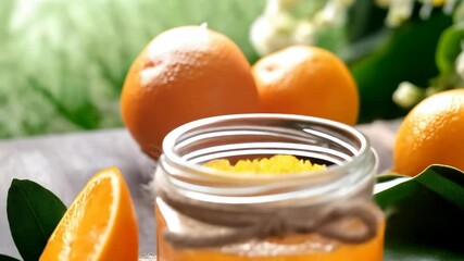 Bright orange jam jar with natural twine alongside fresh citrus fruit and greenery still life composition indoors - Powered by Adobe