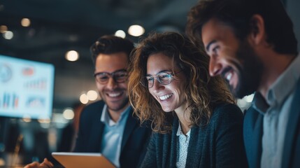 Happy diverse business team collaborating on a project using a tablet at night in an office