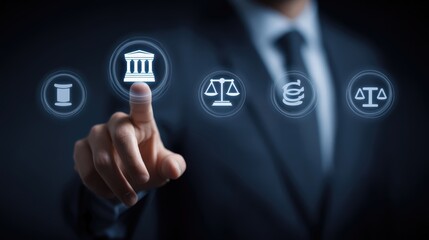Businessperson selects digital legal icons online court justice law scales finance banking