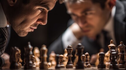 Concentrated Men Playing Chess Intense Strategy Game Close Up View