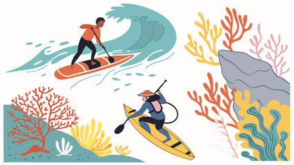 Colorful flat illustration of ocean water sports stand up paddleboarding and kayaking near coral reefs