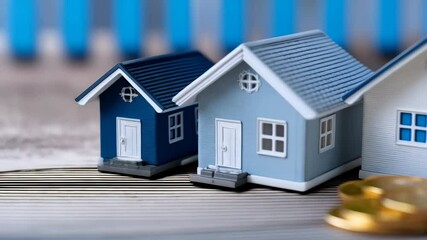 Miniature houses with rising bar graph and gold coins depict a growing real estate market and mortgage rates
