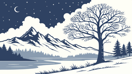 Highly Detailed Graphic Illustration of a Serene Winter Night Landscape with Snowy Mountains, Calm Lake, Bare Tree, Moon, and Stars